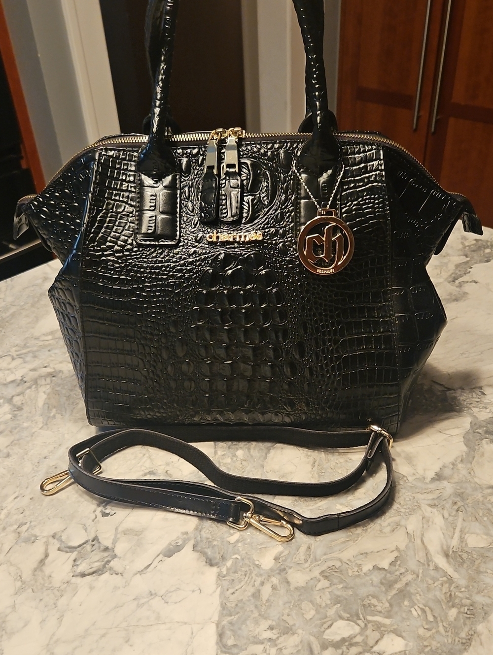 Never Carried  Black Charmes Croc-Embossed Satchel with Gold Hardware